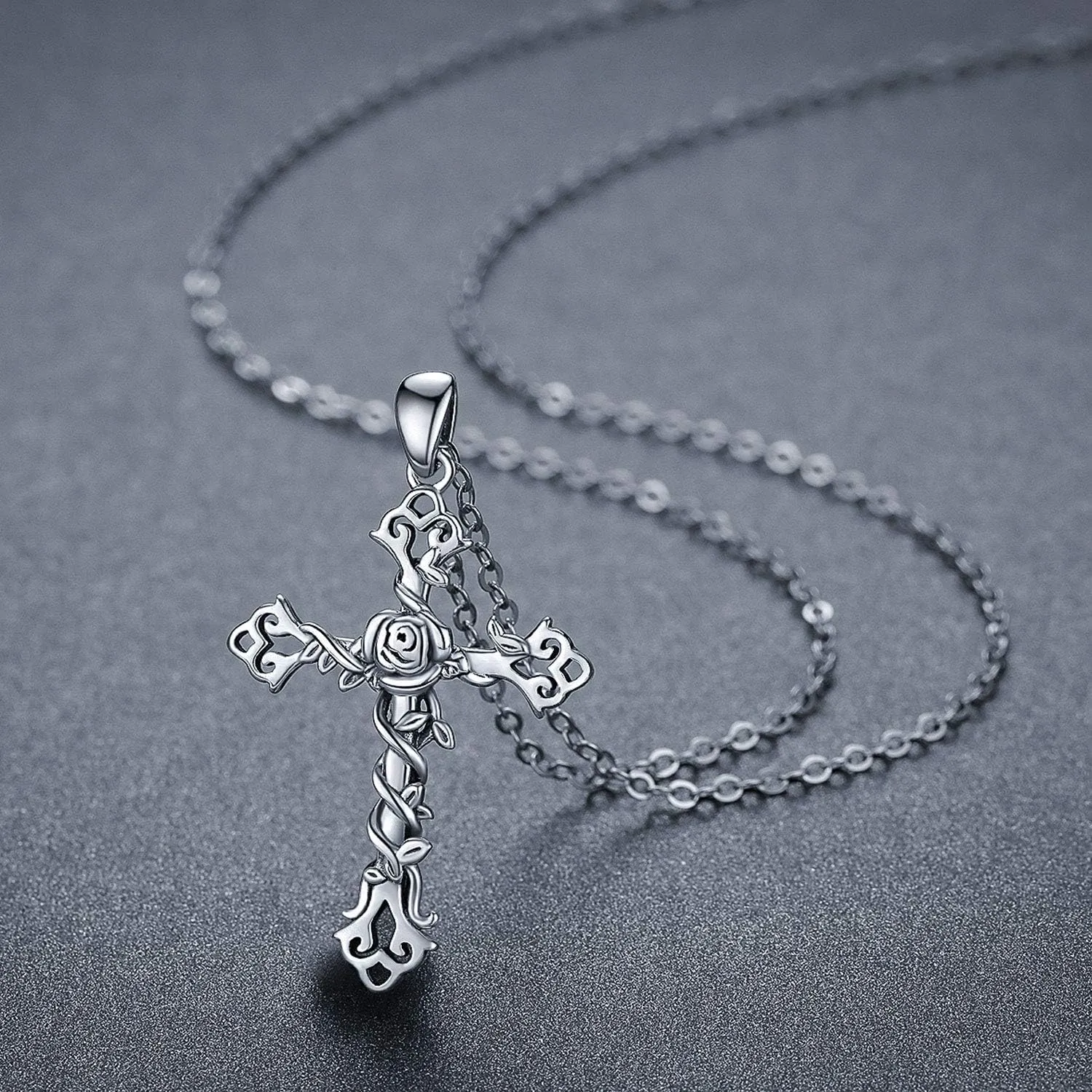 Cross necklace 925 Sterling Silver Rose Crose Pendant Necklace Cross Necklace for Women (A-Rose Cross Necklace)