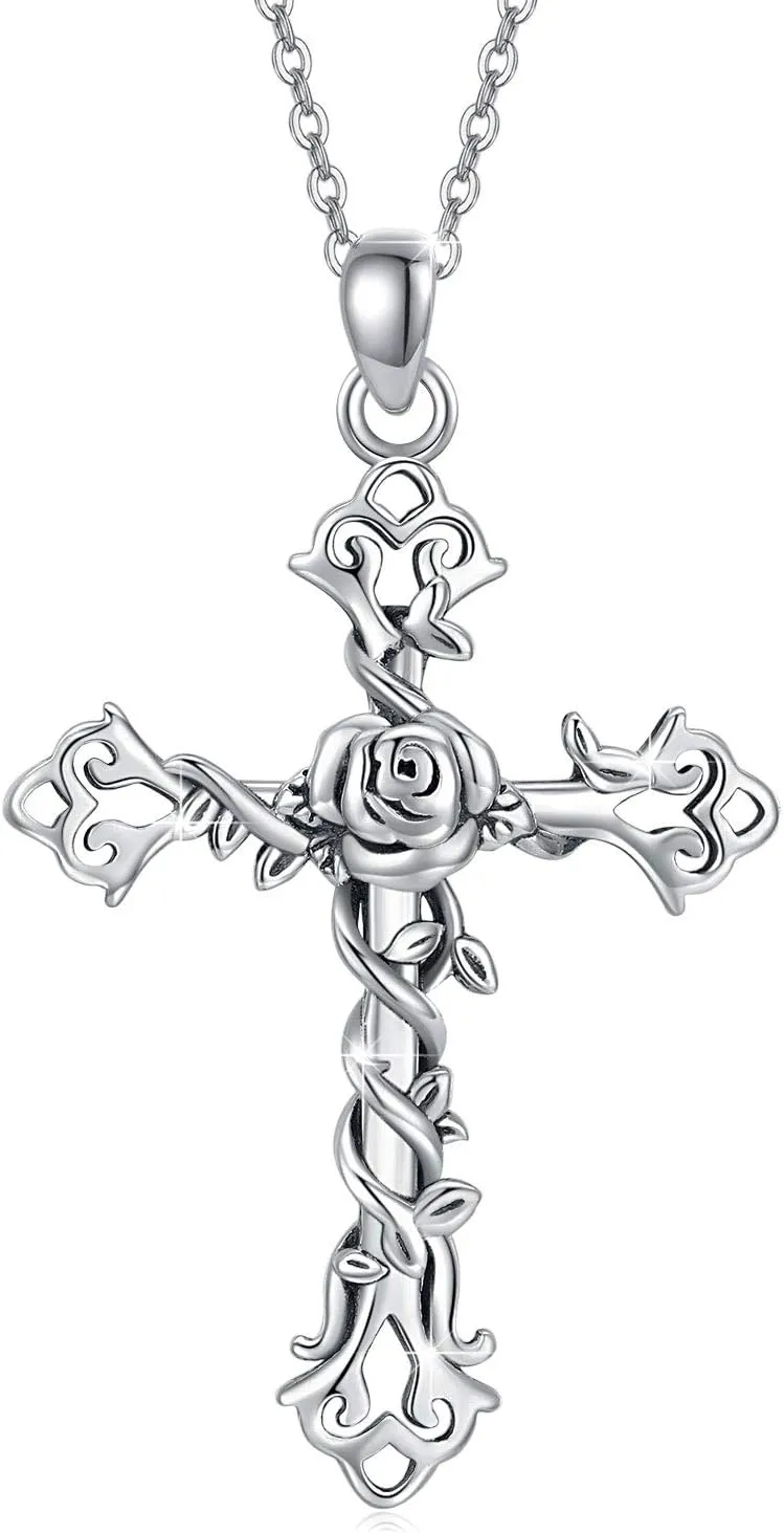 Cross necklace 925 Sterling Silver Rose Crose Pendant Necklace Cross Necklace for Women (A-Rose Cross Necklace)