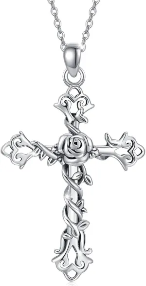 Cross necklace 925 Sterling Silver Rose Crose Pendant Necklace Cross Necklace for Women (A-Rose Cross Necklace)