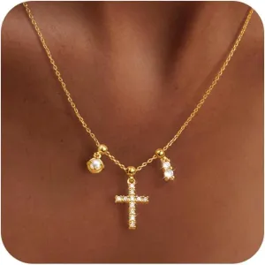Cross Necklace for Women - 14K Gold Plated Cross Necklace Gold Necklace for Women Trendy Cross Pendant Choker Necklace Dainty Adjustable Cross Charm Chain Necklace Jewelry for Women