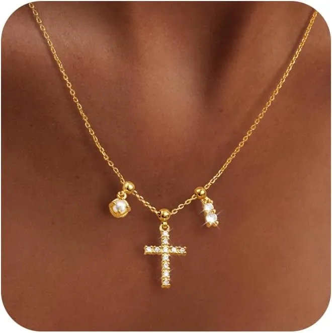 Cross Necklace for Women - 14K Gold Plated Cross Necklace Gold Necklace for Women Trendy Cross Pendant Choker Necklace Dainty Adjustable Cross Charm Chain Necklace Jewelry for Women