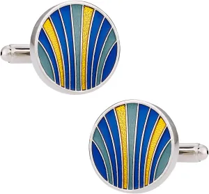 Cuff-Daddy Unique Blue, Yellow, & Teal Enamel Round Silver Cufflinks with Presentation Box