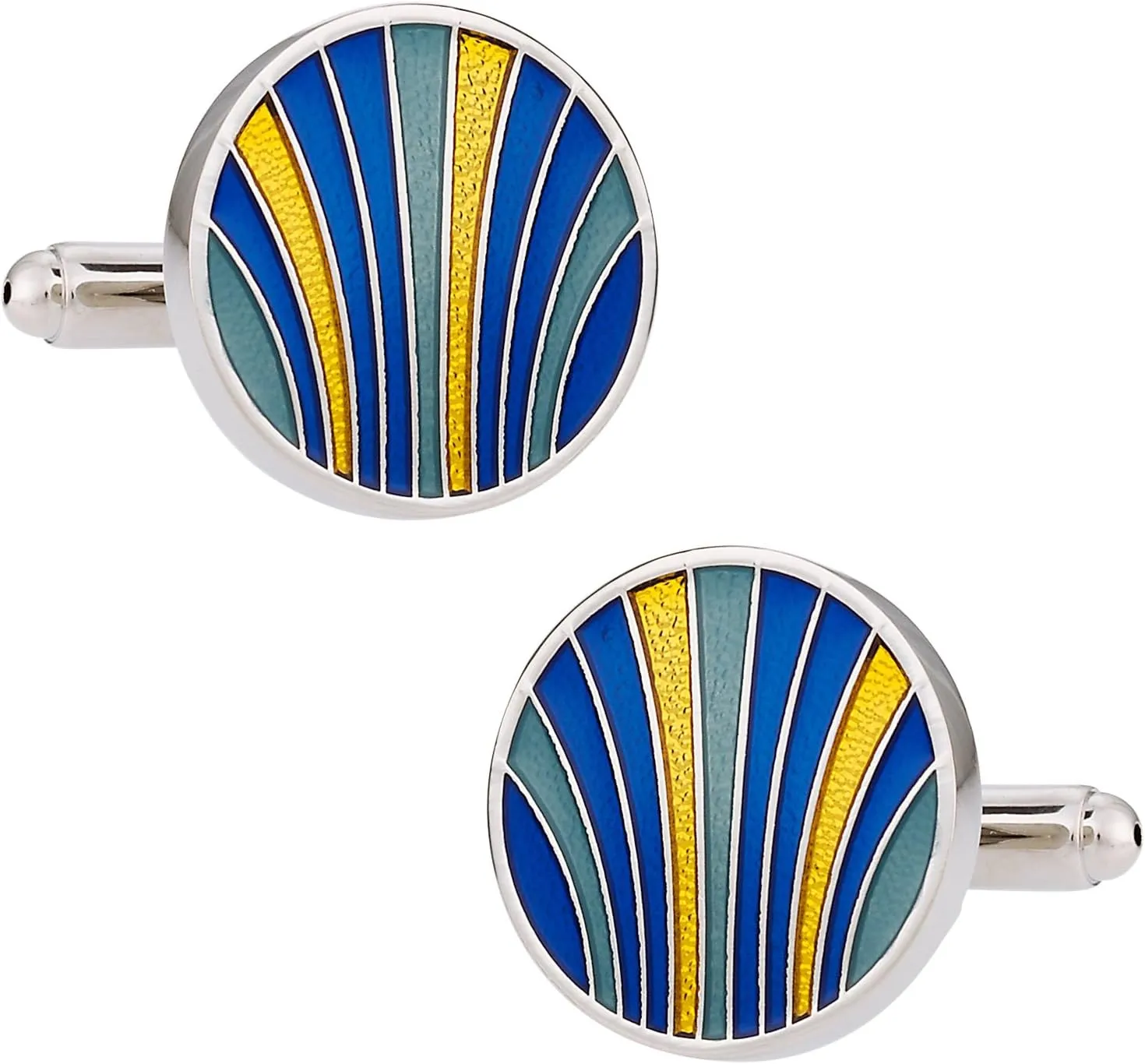 Cuff-Daddy Unique Blue, Yellow, & Teal Enamel Round Silver Cufflinks with Presentation Box