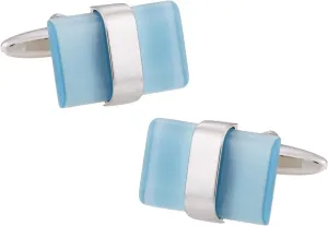 Cuff-Daddy Unique Silver Banded Blue Catseye-Style Cufflinks with Presentation Box