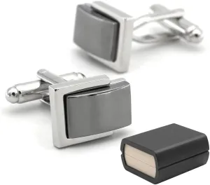 Cufflinks for Men Rhodium Plated Classic Black and Silver with Gift Box