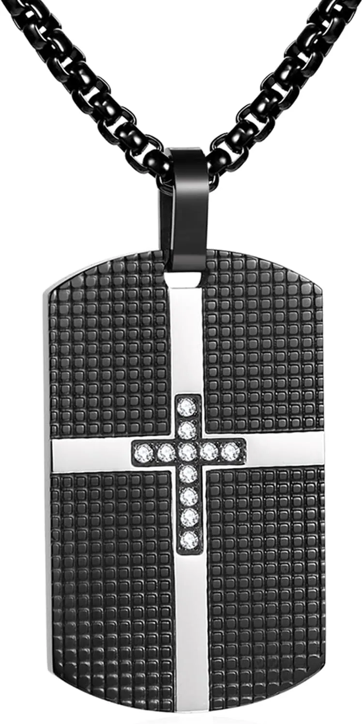 Cupimatch Cross Dog Tag Necklace: Men's Military Dog Tag Stainless Steel Necklace Cross with Zircon Engravable Religious Jewelry Gift