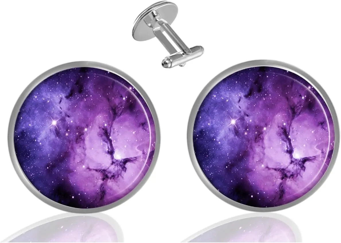 Custom Classic Jewelry Tuxedo Shirt Sliver Cufflinks Men's Unique Business Wedding Gifts (Nebula Galaxy Purple)