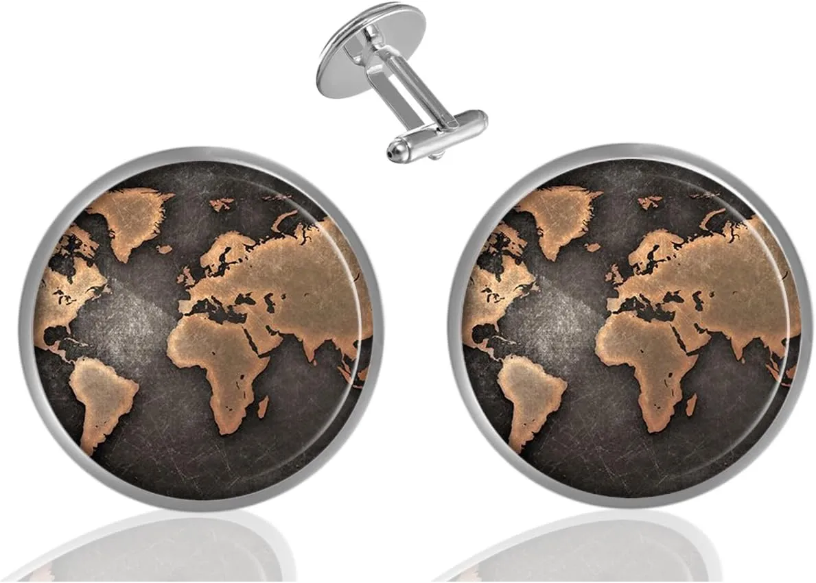 Custom Classic Jewelry Tuxedo Shirt Sliver Cufflinks Men's Unique Business Wedding Gifts (World Map - A)