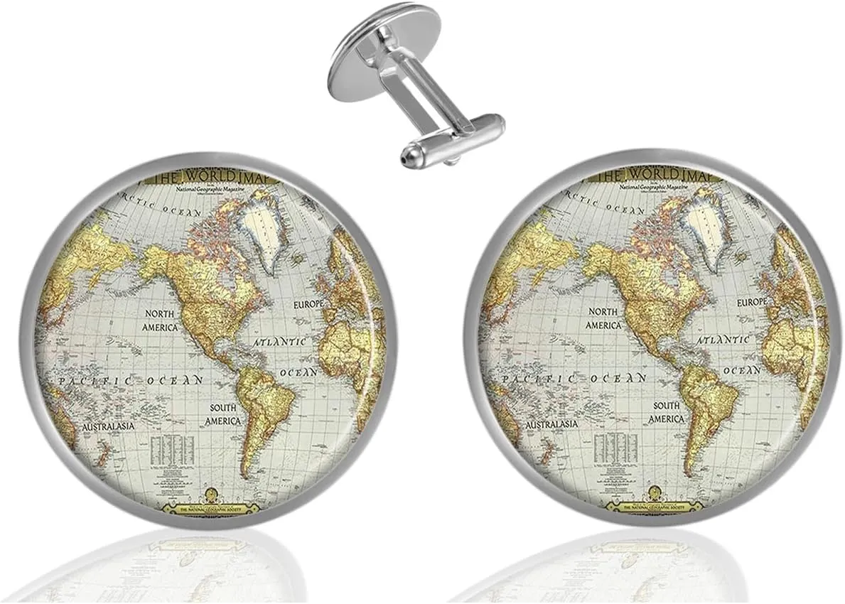 Custom Classic Jewelry Tuxedo Shirt Sliver Cufflinks Men's Unique Business Wedding Gifts (World Map)