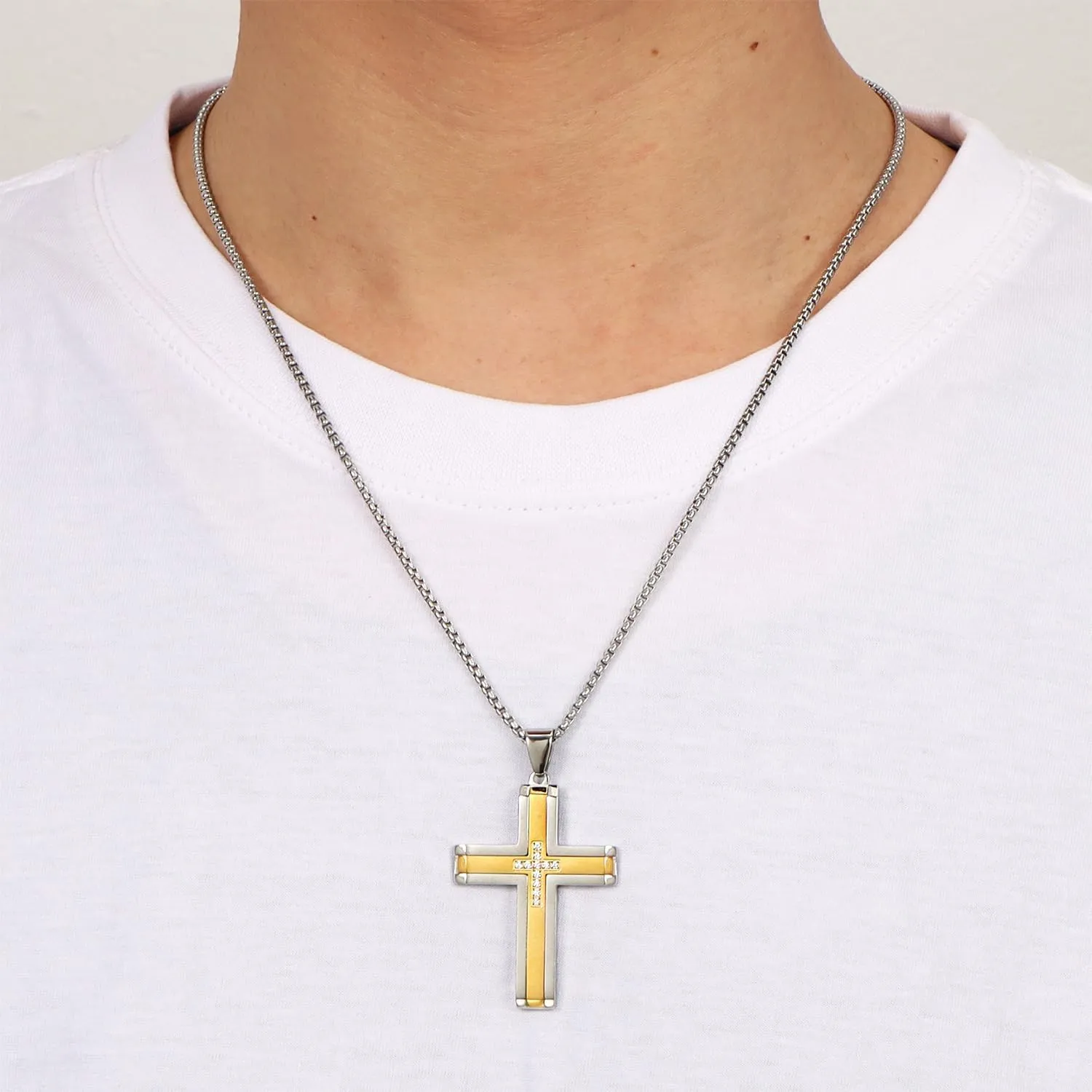 Custom Cross Necklace - Personalized Stainless Steel CZ Cross Pendant Necklace for Men, Religious Christian Jewelry Baptism Gifts