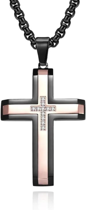 Custom Cross Necklace - Personalized Stainless Steel CZ Cross Pendant Necklace for Men, Religious Christian Jewelry Baptism Gifts
