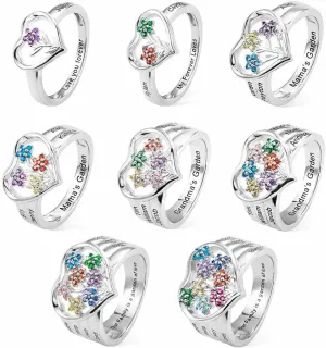 Custom Heart Mother Rings 925 Sterling Silver Personalized 1-8 Names and Birthstones Rings For Women Engraved Garden Flower Ring Family Love Jewelry Birthday Gifts For Mom Grandmother Mama Wife