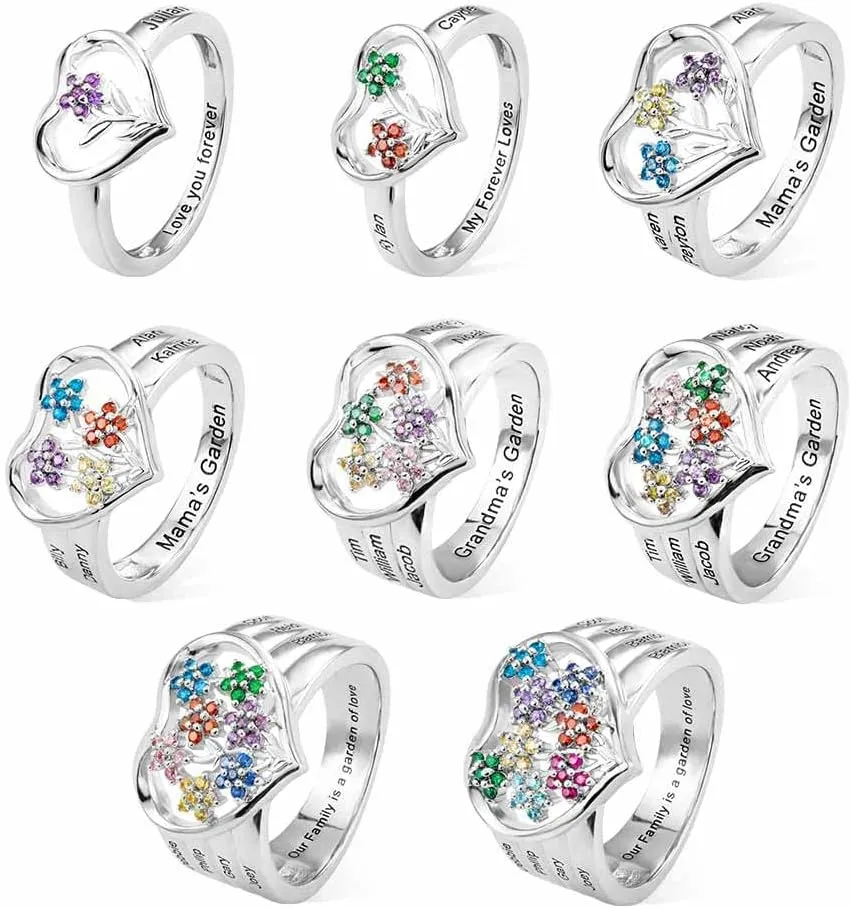 Custom Heart Mother Rings 925 Sterling Silver Personalized 1-8 Names and Birthstones Rings For Women Engraved Garden Flower Ring Family Love Jewelry Birthday Gifts For Mom Grandmother Mama Wife