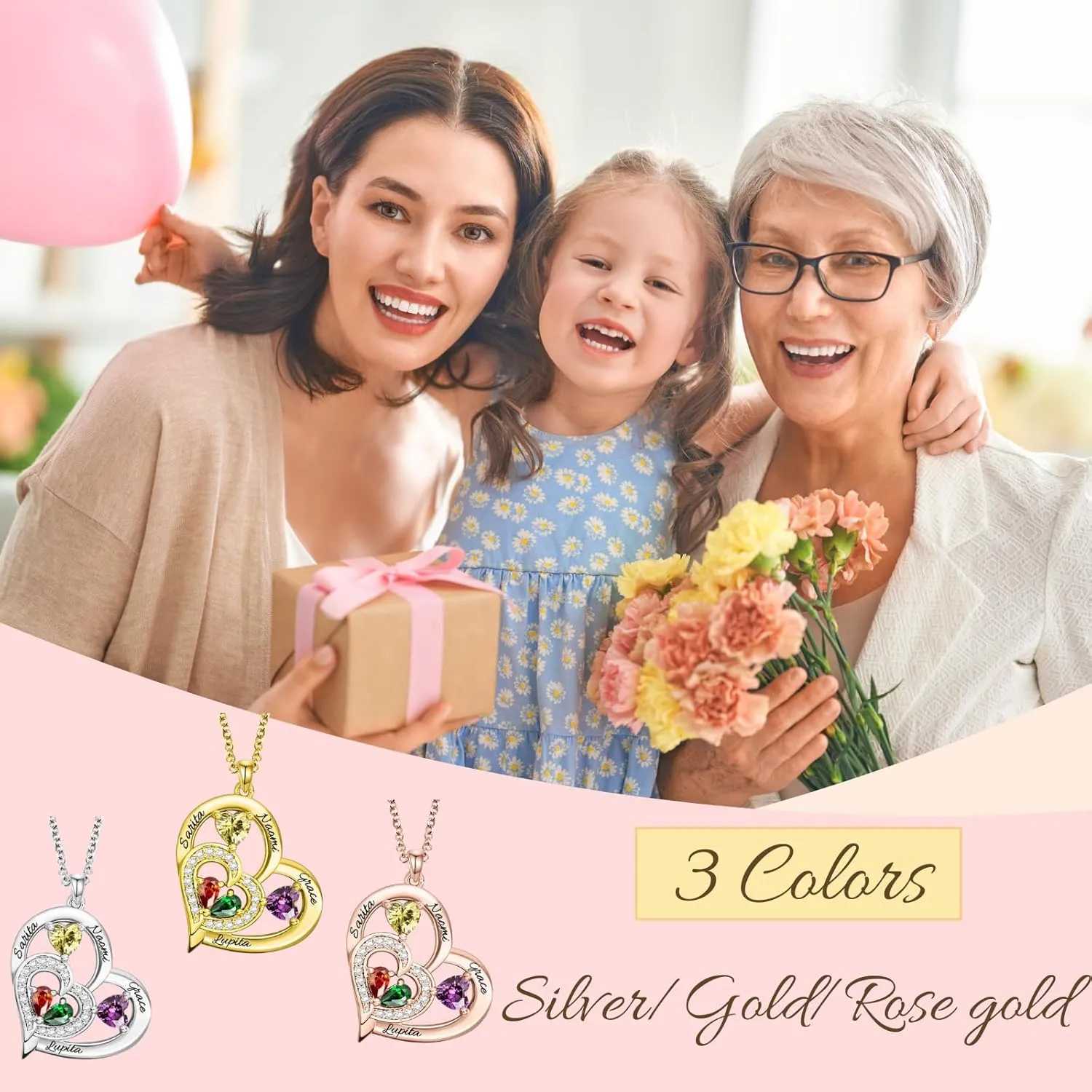 Custom Mothers Day Necklace with Birthstones Custom Heart Necklace Gifts for Mom Personalized Necklace for Women with 6 Names Birthday Gifts for Women Wife Nana