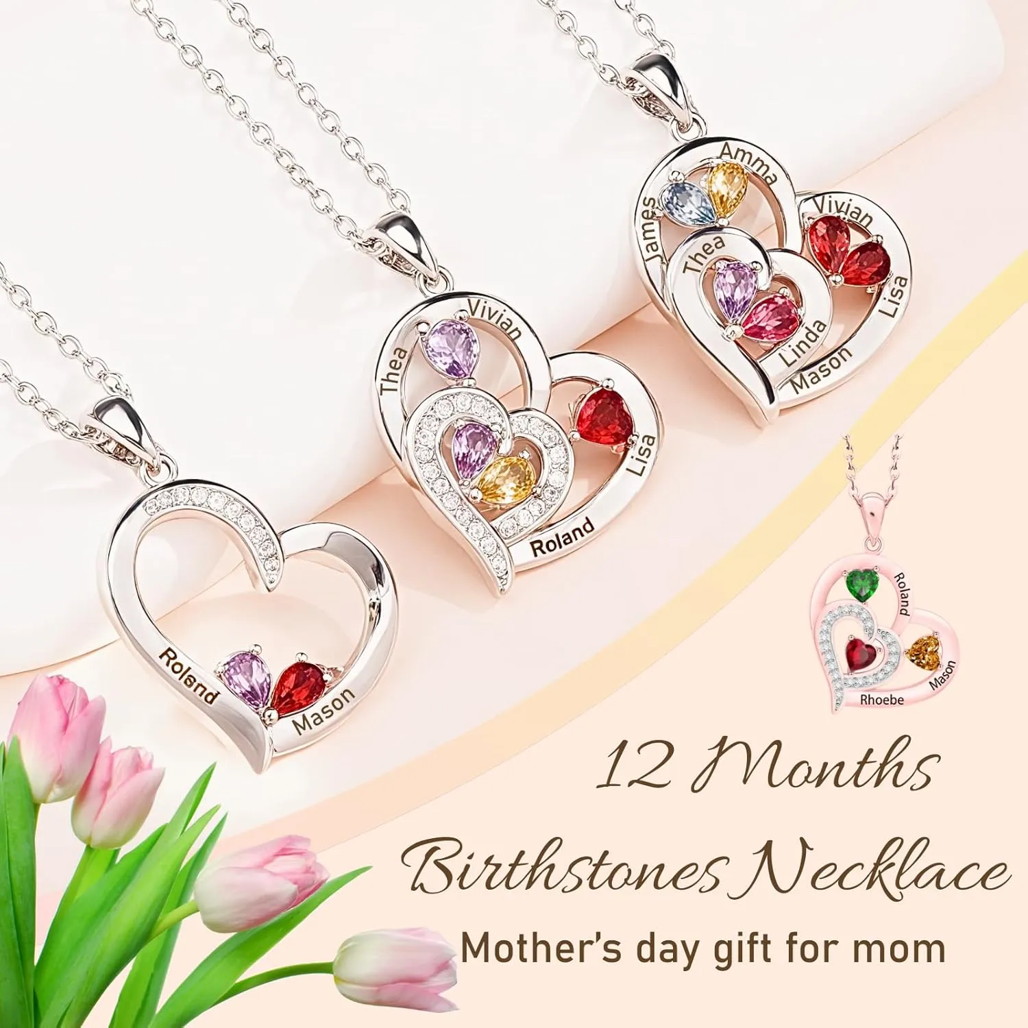 Custom Mothers Day Necklace with Birthstones Custom Heart Necklace Gifts for Mom Personalized Necklace for Women with 6 Names Birthday Gifts for Women Wife Nana
