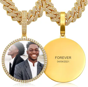 Custom Picture Necklace Personalized Photo Engraved Pendant With 13MM Cuban Link Chain Customized Memory Picture Chains Iced Out Photo Medallion Name Necklace Hip Hop Custom Jewelry For Men Women