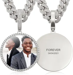 Custom Picture Necklace Personalized Photo Engraved Pendant With 13MM Cuban Link Chain Customized Memory Picture Chains Iced Out Photo Medallion Name Necklace Hip Hop Custom Jewelry For Men Women