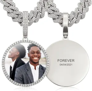 Custom Picture Necklace Personalized Photo Engraved Pendant With 13MM Cuban Link Chain Customized Memory Picture Chains Iced Out Photo Medallion Name Necklace Hip Hop Custom Jewelry For Men Women