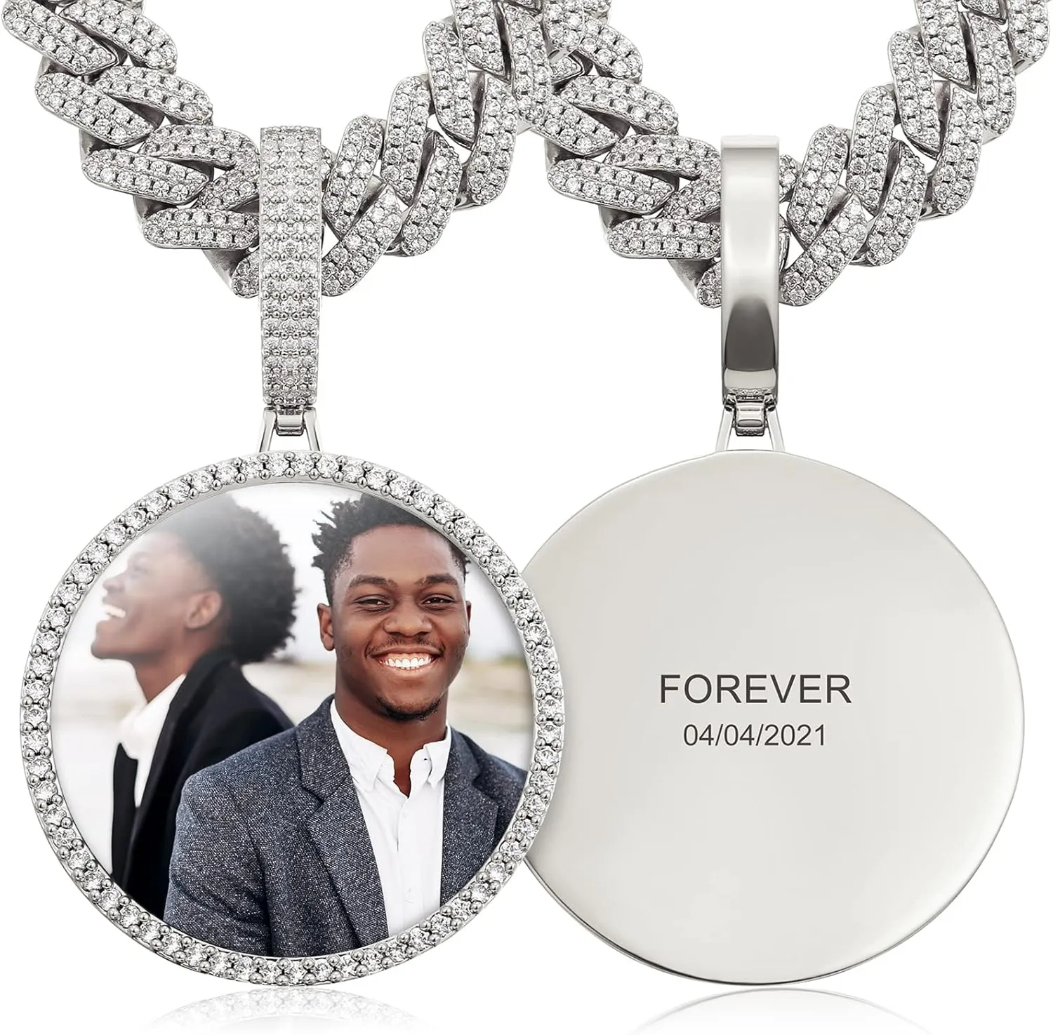 Custom Picture Necklace Personalized Photo Engraved Pendant With 13MM Cuban Link Chain Customized Memory Picture Chains Iced Out Photo Medallion Name Necklace Hip Hop Custom Jewelry For Men Women