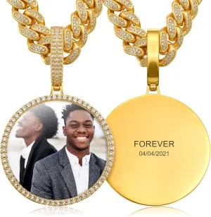 Custom Picture Necklace Personalized Photo Engraved Pendant With 13MM Cuban Link Chain Customized Memory Picture Chains Iced Out Photo Medallion Name Necklace Hip Hop Custom Jewelry For Men Women