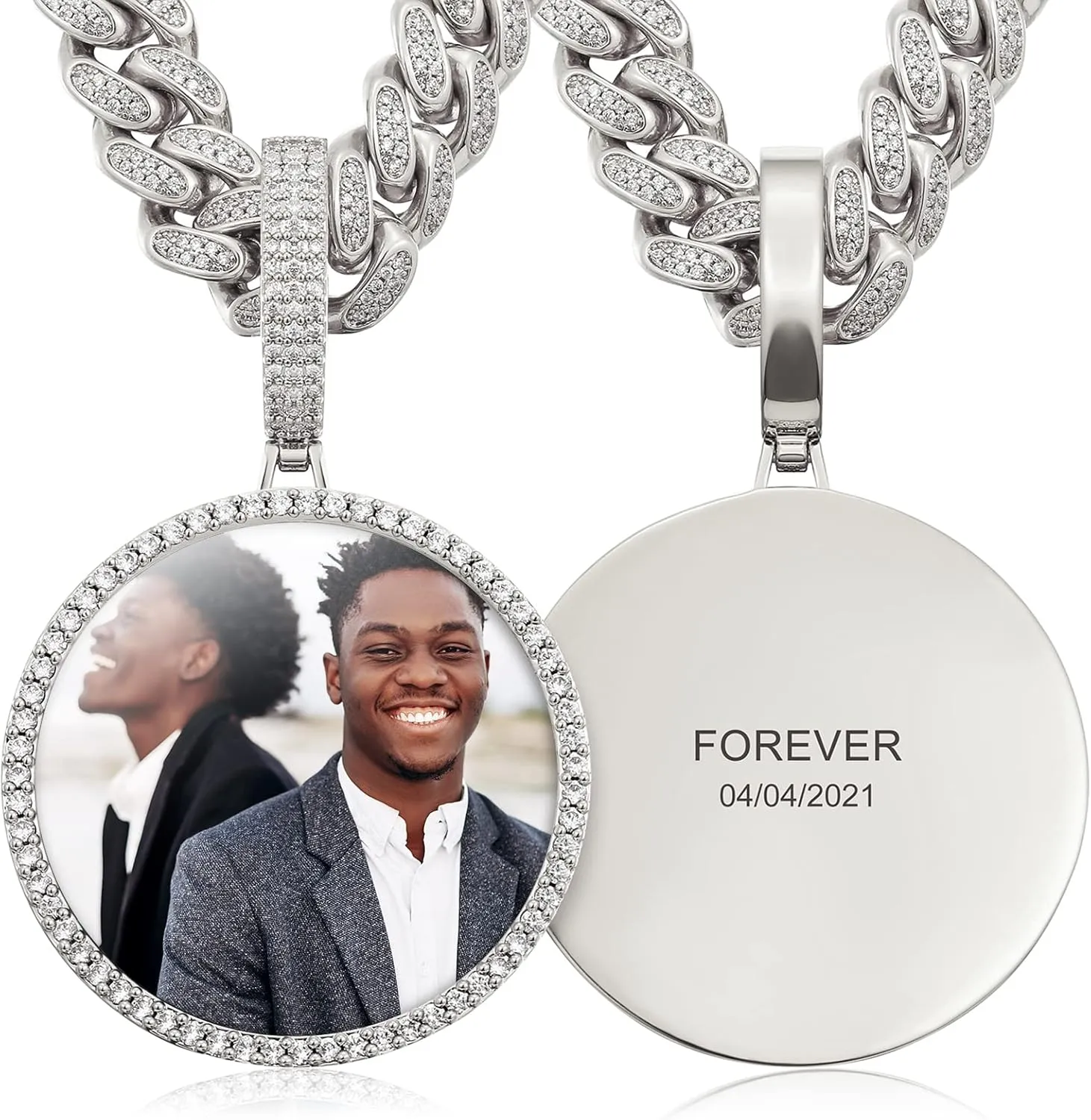 Custom Picture Necklace Personalized Photo Engraved Pendant With 13MM Cuban Link Chain Customized Memory Picture Chains Iced Out Photo Medallion Name Necklace Hip Hop Custom Jewelry For Men Women