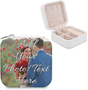 Customize Jewelry Box for Women Personalized Travel Jewelry Case Add Your Own Photo Text Name Pattern Custom Jewelry Boxs Gifts for Birthday Valentines, WhiteB, 3.9 * 3.9 * 2inch