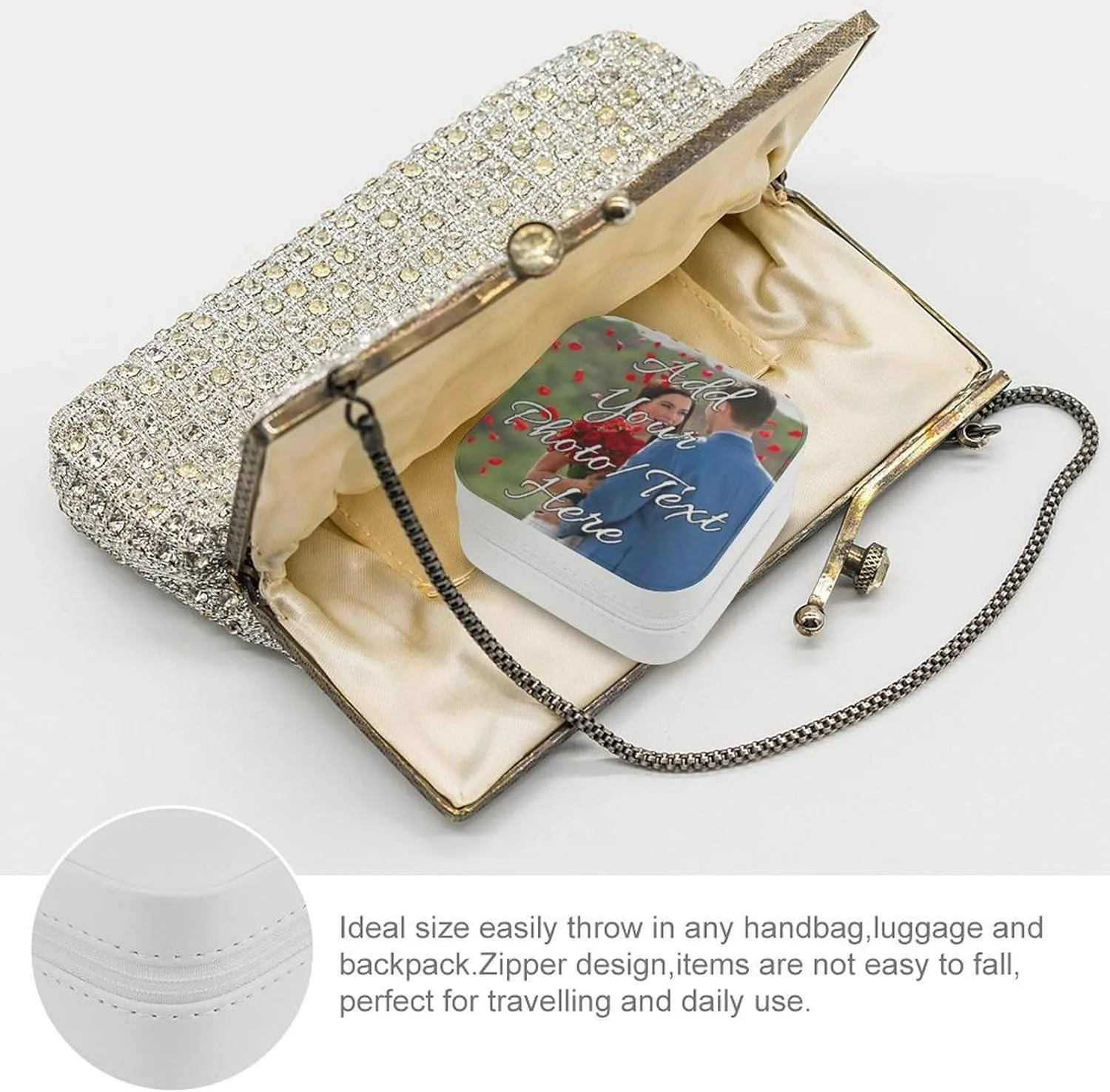 Customize Jewelry Box for Women Personalized Travel Jewelry Case Add Your Own Photo Text Name Pattern Custom Jewelry Boxs Gifts for Birthday Valentines, WhiteB, 3.9 * 3.9 * 2inch
