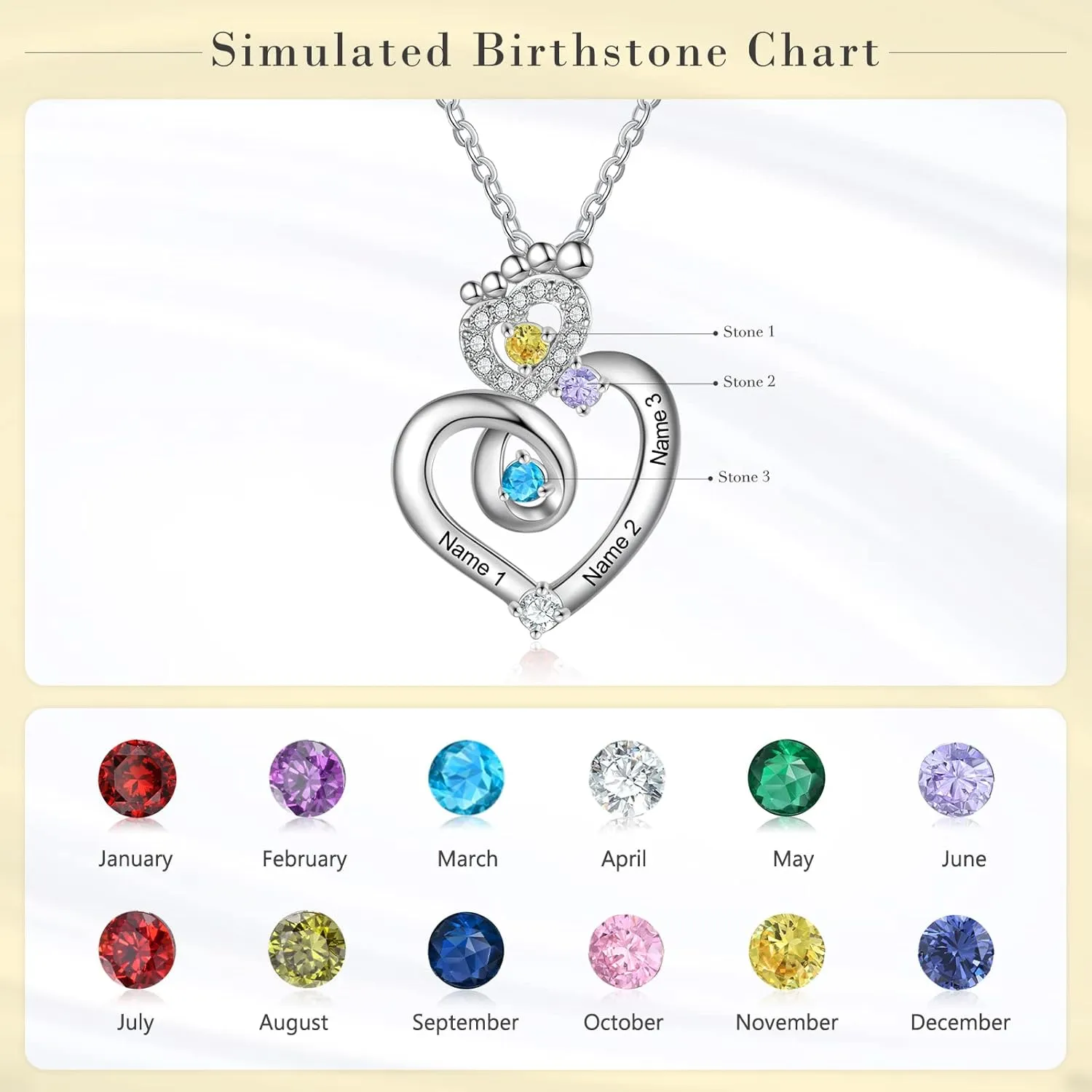 Customized Mother Name Necklace with 1-4 Birthstones Baby Feet Heart Pendant Mom Necklace with Kids Name for New Mom Gifts Mothers Day Necklace