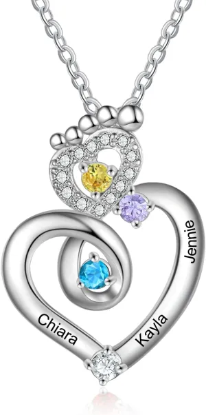 Customized Mother Name Necklace with 1-4 Birthstones Baby Feet Heart Pendant Mom Necklace with Kids Name for New Mom Gifts Mothers Day Necklace