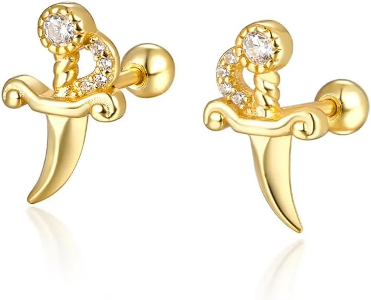 Cute Dagger Cartilage Tiny Stud Earrings for Women Men 925 Sterling Silver Cubic Zirconia Crystal Knife Tragus Screw Ball Back Small Studs Earring Punk Jewelry Gifts Hypoallergenic 20G