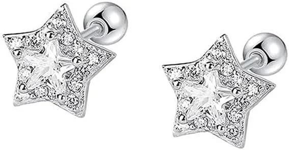 Cute Diamond Star Small Stud Earrings for Women Crystal Cubic Zirconia Tiny Star Cartilage Tragus Helix Screw Back Studs Earring Delicate Birthday Jewelry Gifts Hypoallergenic 20G