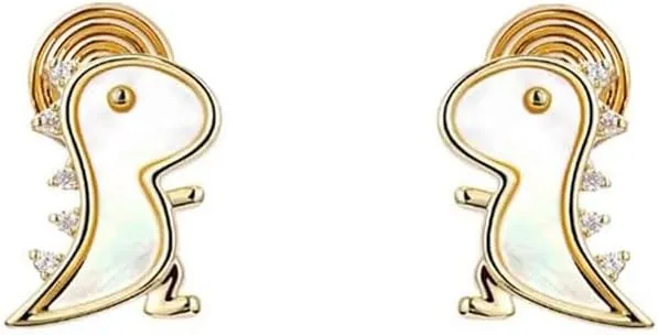 Cute Dinosaur Clip On Earrings for Women Girls Cubic Zirconia Shell Animal Cartoon Dragon Gold Plated Non Piercing Fake Earring Dainty Birthday Jewelry Gifts Sensitive Ears Clips