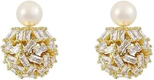 Cute Ear Jacket Crystal Ball Double Sides Stud Earrings for Women Girls Faux Pearl Front Back Cartilage Studs Earring Dainty 2 in 1 Jewelry Gifts Birthday