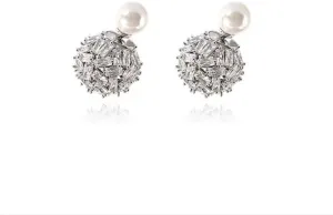 Cute Ear Jacket Crystal Ball Double Sides Stud Earrings for Women Girls Faux Pearl Front Back Cartilage Studs Earring Dainty 2 in 1 Jewelry Gifts Birthday