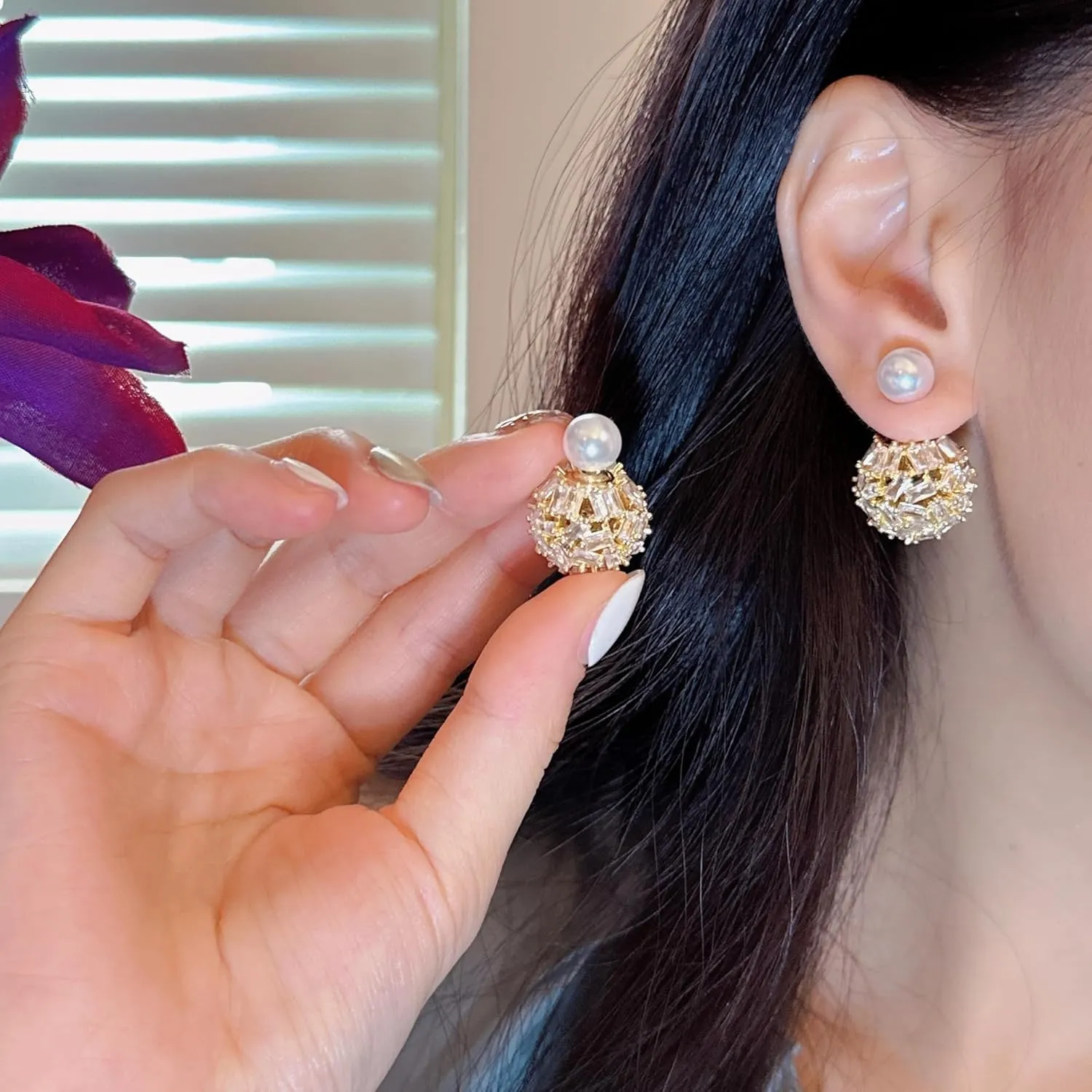 Cute Ear Jacket Crystal Ball Double Sides Stud Earrings for Women Girls Faux Pearl Front Back Cartilage Studs Earring Dainty 2 in 1 Jewelry Gifts Birthday