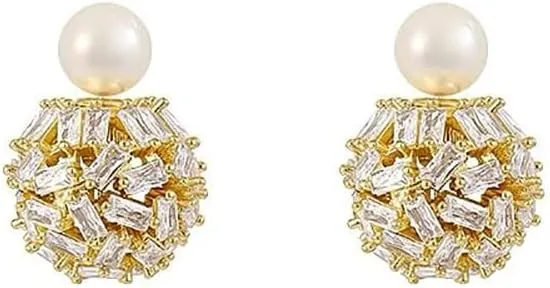 Cute Ear Jacket Crystal Ball Double Sides Stud Earrings for Women Girls Faux Pearl Front Back Cartilage Studs Earring Dainty 2 in 1 Jewelry Gifts Birthday
