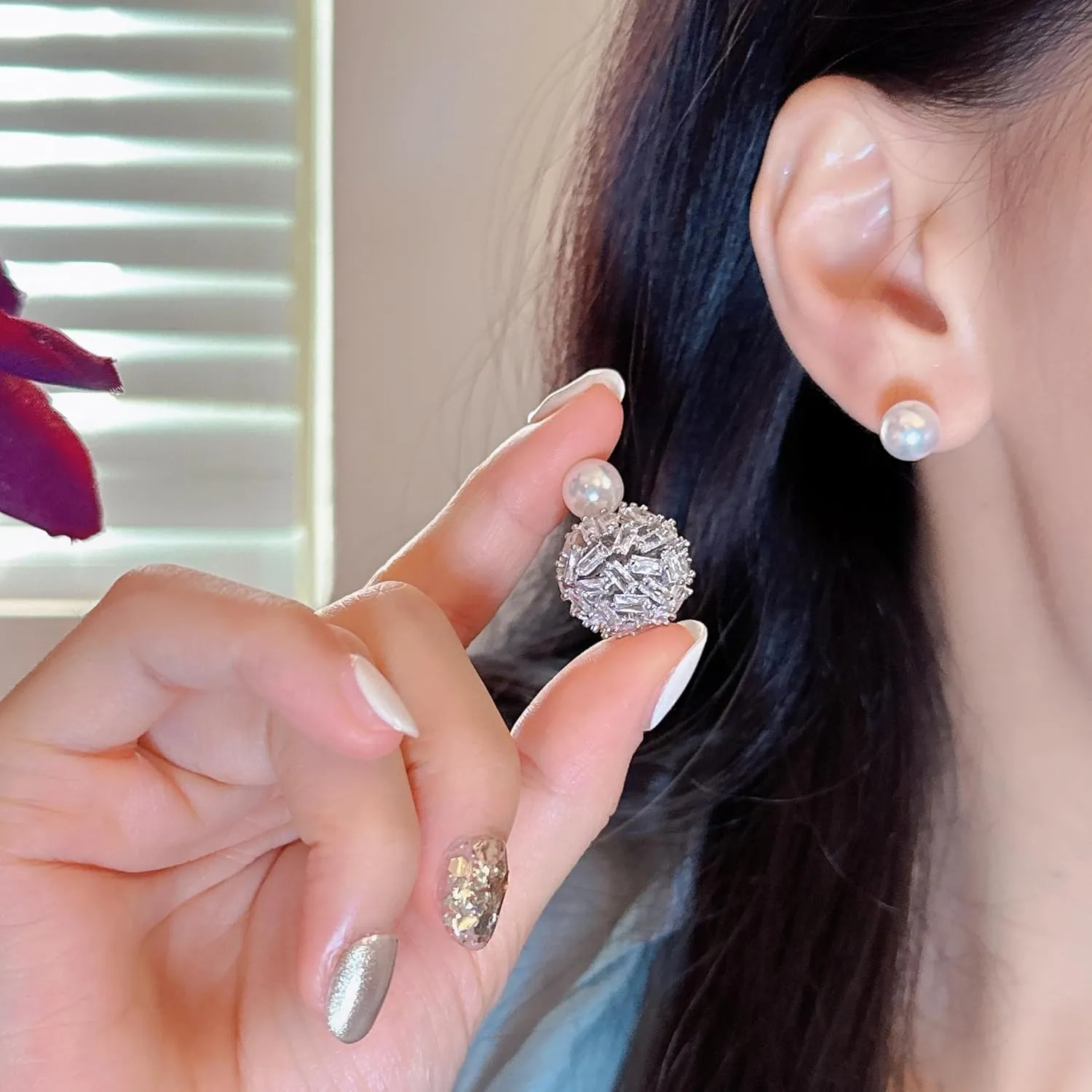 Cute Ear Jacket Crystal Ball Double Sides Stud Earrings for Women Girls Faux Pearl Front Back Cartilage Studs Earring Dainty 2 in 1 Jewelry Gifts Birthday