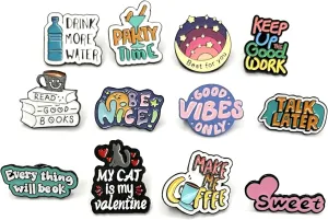 Cute Enamel Pin Set Lapel Pins Brooches Cartoon Brooch Badge Pins for Clothes Bags Backpack Party Decoration Gift (Slogans-12Pcs)