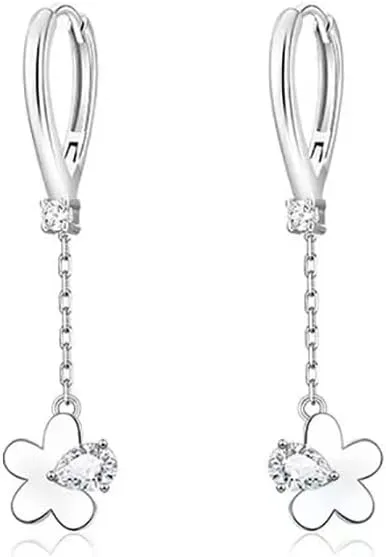 Cute Flower Tassel Dangle Drop Small Hoop Earrings for Women 925 Sterling Silver Crystal Cubic Zirconia Chain Dangling Cartilage Hypoallergenic Waterdrop Huggie Hoops Earring Wrap Cuffs Dainty Jewelry Gifts Birthday