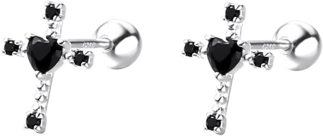 Dainty Cross Heart Cartilage Helix Stud Earrings for Women Girls 925 Sterling Silver Crystal Cubic Zirconia Love Hearts Screw Back Ball Tragus Barbell Labret Small Studs Earring Cute Faith Jewelry Gifts Valentine's Day 18G