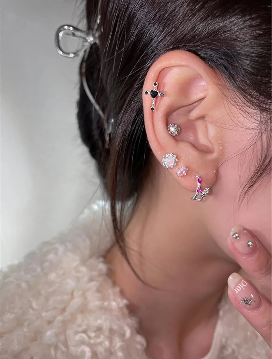 Dainty Cross Heart Cartilage Helix Stud Earrings for Women Girls 925 Sterling Silver Crystal Cubic Zirconia Love Hearts Screw Back Ball Tragus Barbell Labret Small Studs Earring Cute Faith Jewelry Gifts Valentine's Day 18G