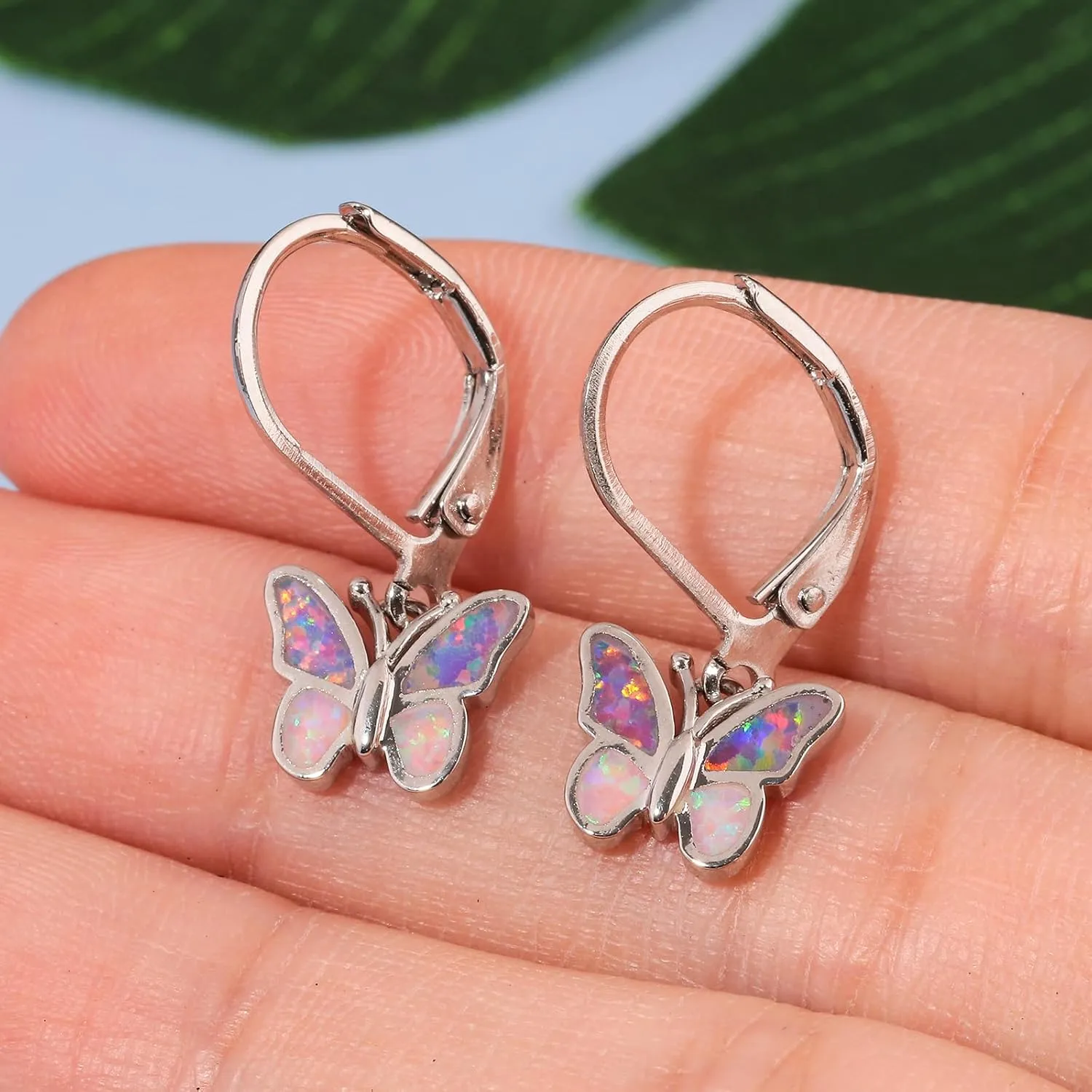 Dainty Leverback Opal Hoop Earrings 14K Gold Plated Butterfly Dangle Earrings Cute Huggie Hoops Jewelry Christmas Gifts