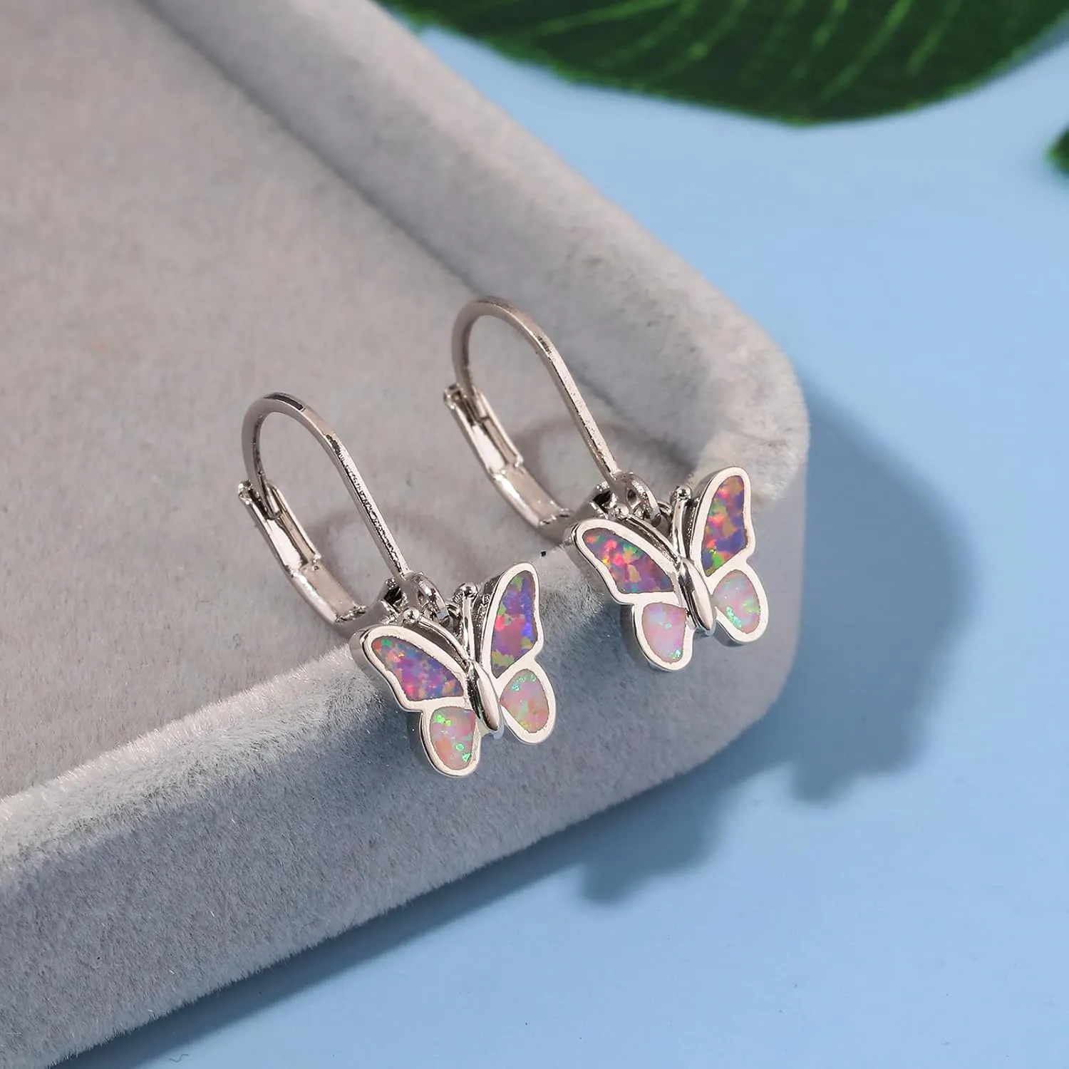 Dainty Leverback Opal Hoop Earrings 14K Gold Plated Butterfly Dangle Earrings Cute Huggie Hoops Jewelry Christmas Gifts