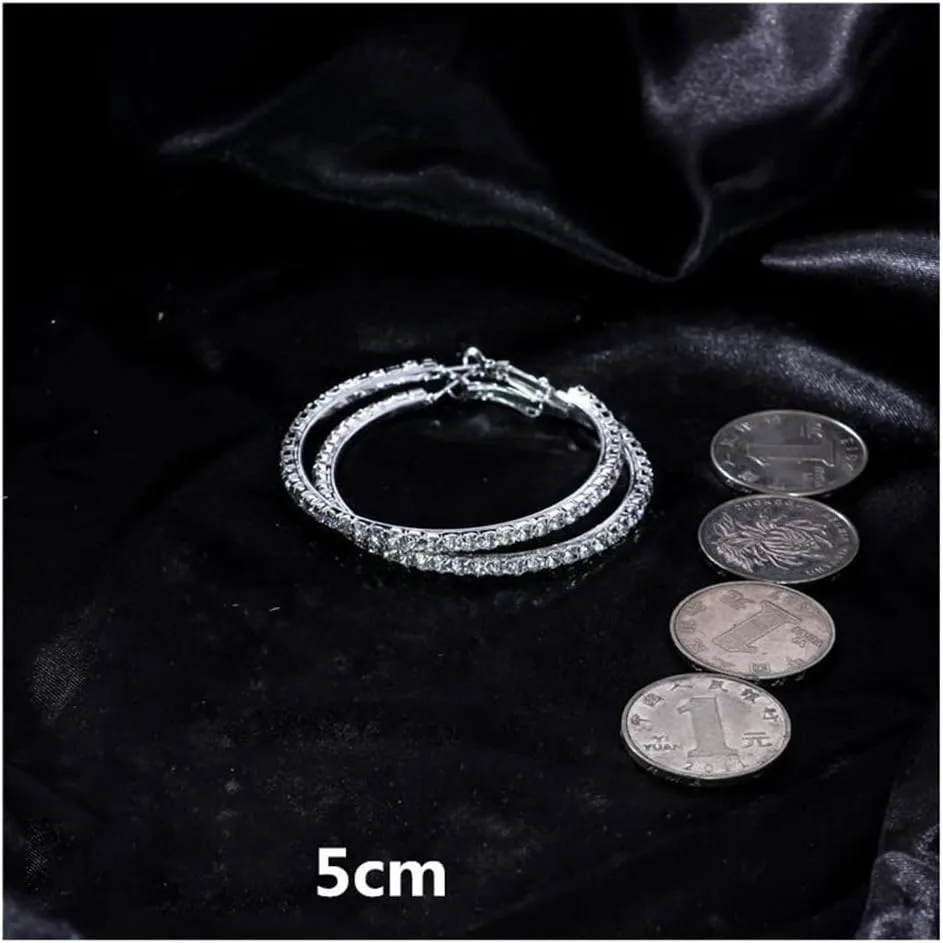 Dainty Sparkly Rhinestones Large Hoop Earrings for Women Fashion Minimalist Silver Plated Austrian Crystal Circle Round Huggie Hoops Hypoallergenic Hooped Party Trendy Jewelry 30mm-90mm