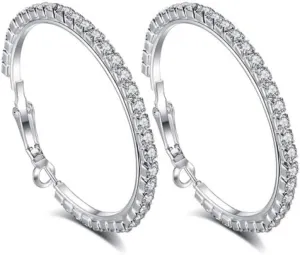 Dainty Sparkly Rhinestones Large Hoop Earrings for Women Fashion Minimalist Silver Plated Austrian Crystal Circle Round Huggie Hoops Hypoallergenic Hooped Party Trendy Jewelry 30mm-90mm