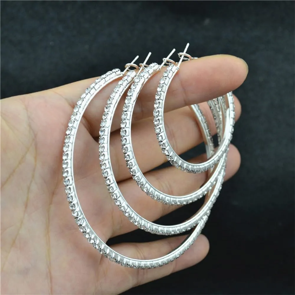 Dainty Sparkly Rhinestones Large Hoop Earrings for Women Fashion Minimalist Silver Plated Austrian Crystal Circle Round Huggie Hoops Hypoallergenic Hooped Party Trendy Jewelry 30mm-90mm
