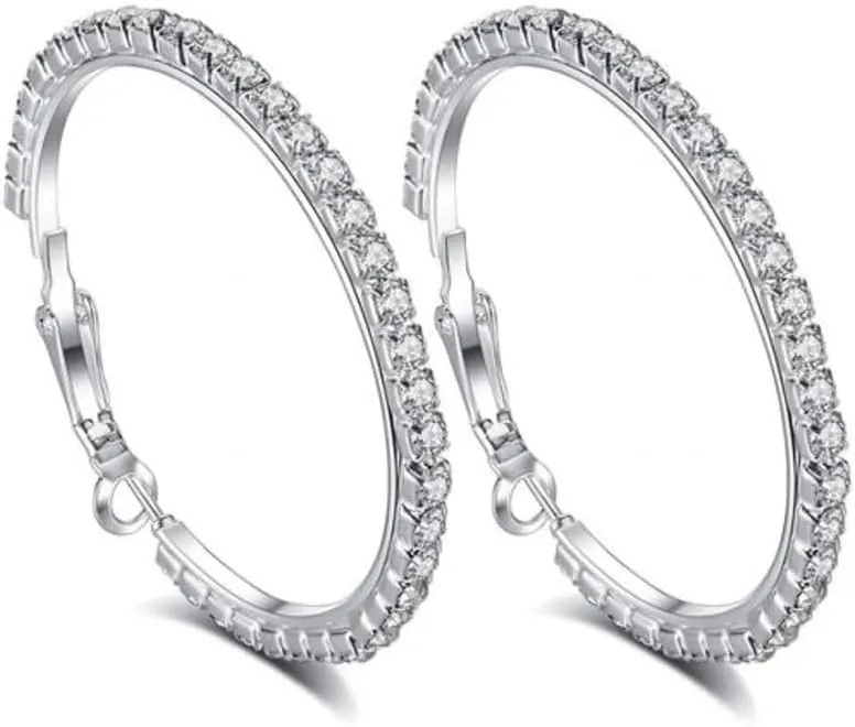 Dainty Sparkly Rhinestones Large Hoop Earrings for Women Fashion Minimalist Silver Plated Austrian Crystal Circle Round Huggie Hoops Hypoallergenic Hooped Party Trendy Jewelry 30mm-90mm