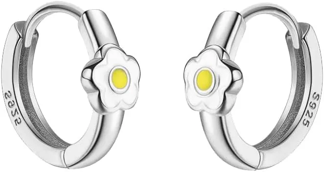 Daisy Flower Small Huggie Hoop Earrings for Women Cartilage 925 Sterling Silver Enamel Floral Hypoallergenic 9mm Hoops Earring Wrap Cuffs Cute Jewelry Birthday Christmas Gifts Daughter