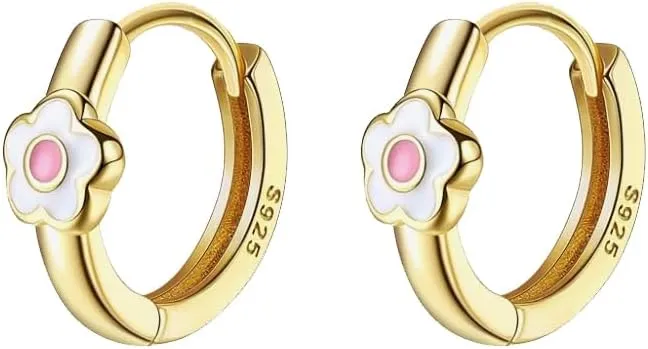 Daisy Flower Small Huggie Hoop Earrings for Women Cartilage 925 Sterling Silver Enamel Floral Hypoallergenic 9mm Hoops Earring Wrap Cuffs Cute Jewelry Birthday Christmas Gifts Daughter
