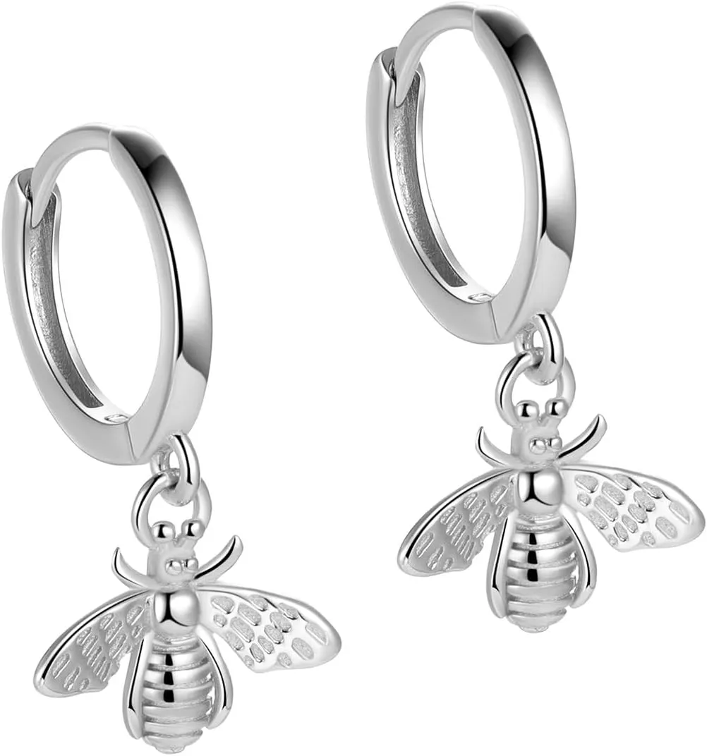 Dangle Honey Bee Small Huggie Hoop Earrings 925 Sterling Silver Cartilage Bumble Bee Drop Dangling Earring Hypoallergenic Pierced Wrap Cuffs Cute Jewelry Gifts for Women Girls Daughter